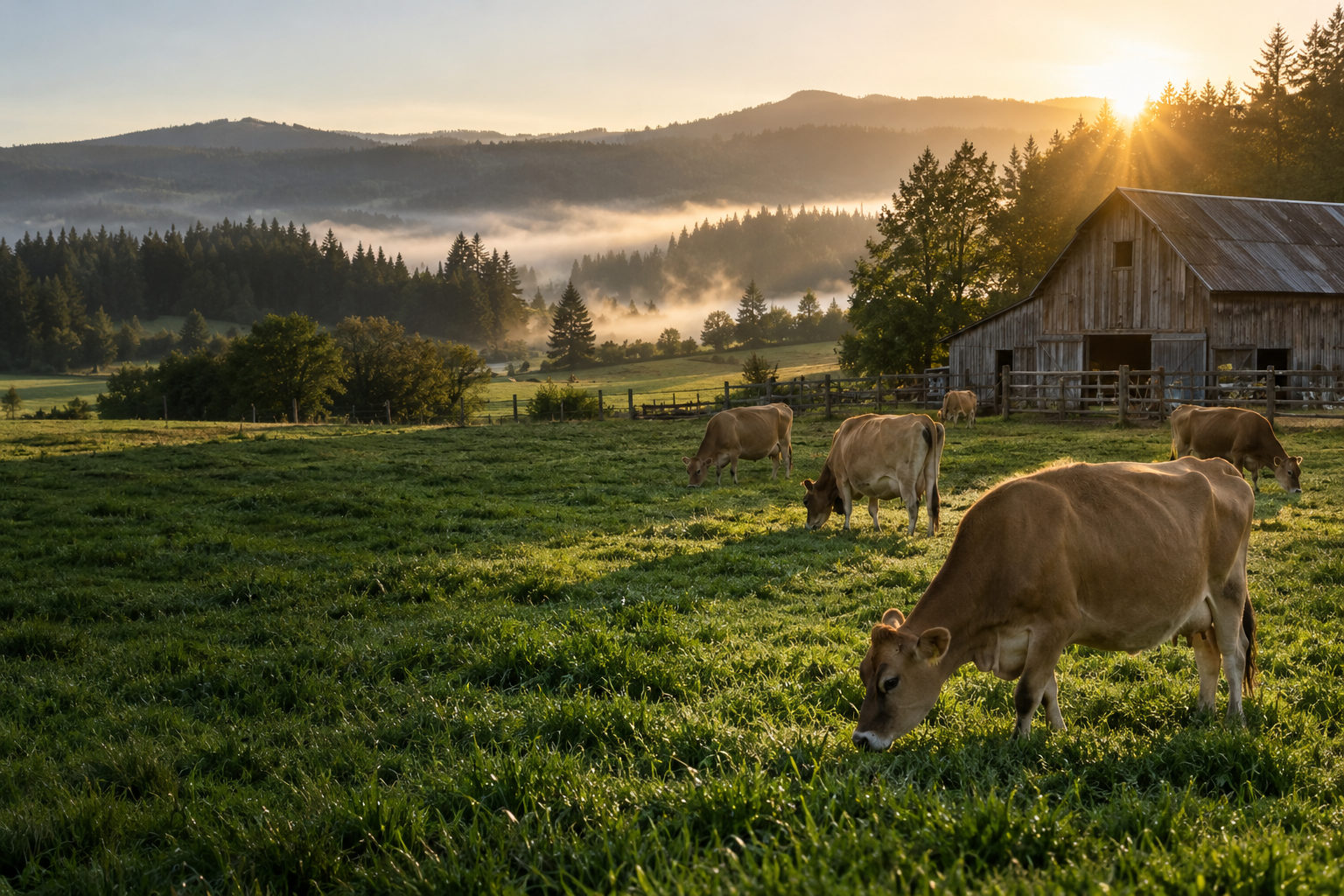 Illustrative dairy farm with Jersey cows grazing in green pastures at sunrise